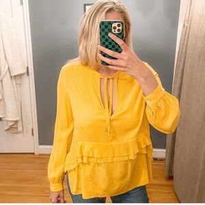 Rachel Comey 100% Rayon Crepe Yellow Long Sleeve Ruffled Peasant Blouse Size 0